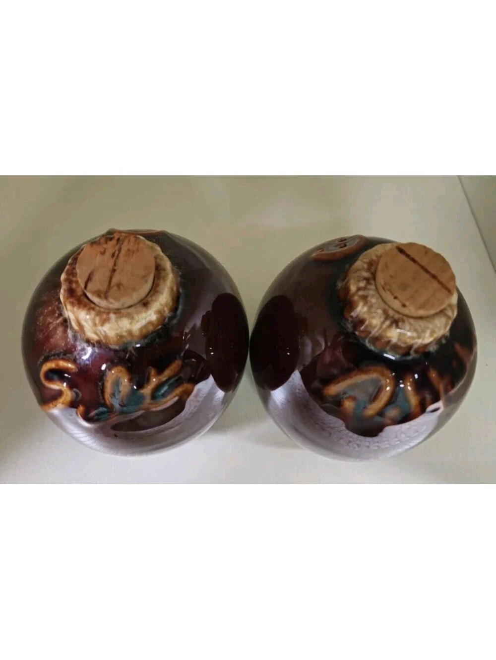 Hull Salt & Pepper Shakers Brown Drip With Corks Vintage Oven Proof USA Ceramic